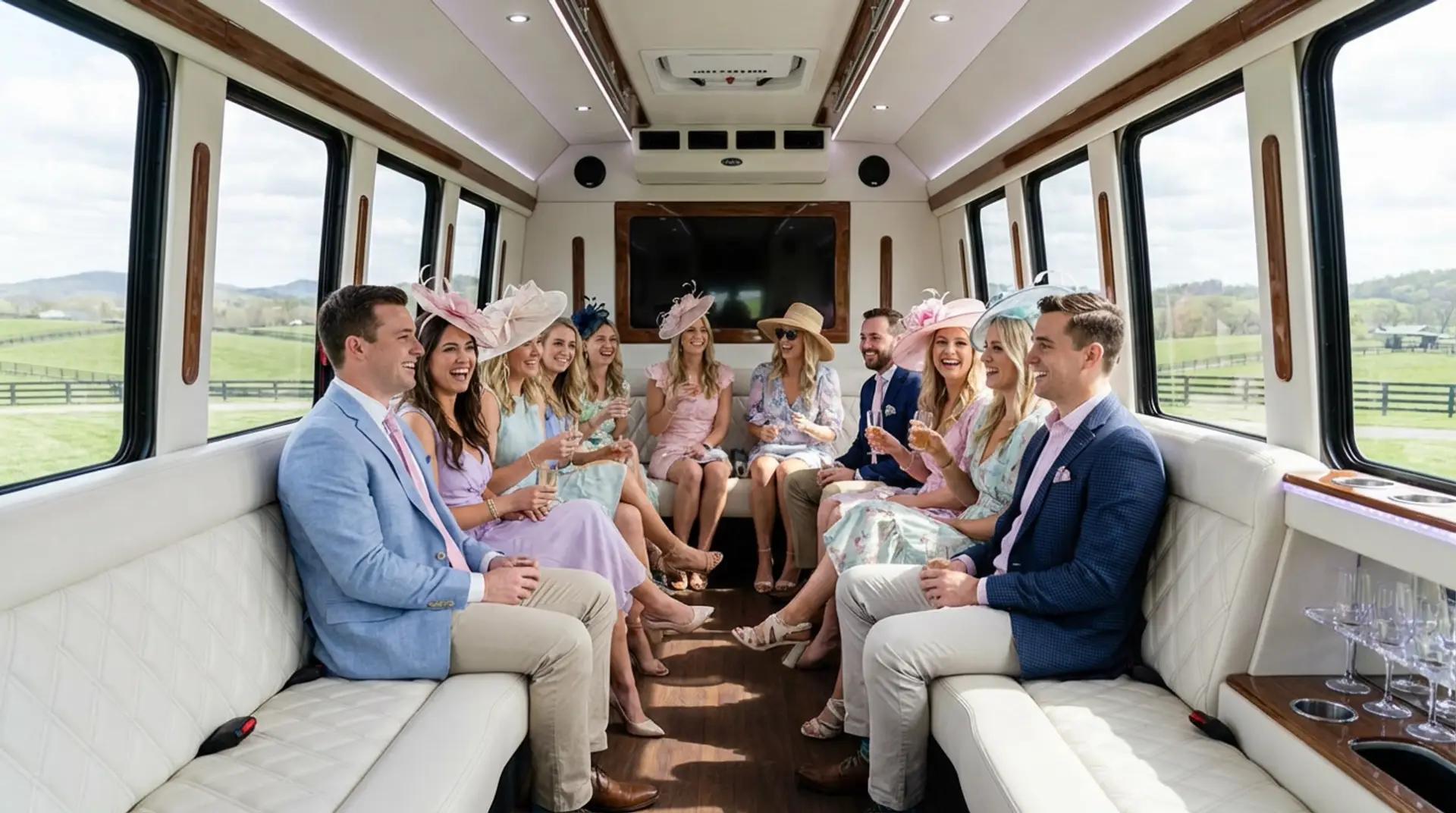 Private limo bus parked near Kentucky horse farm fences on a guided horse tour