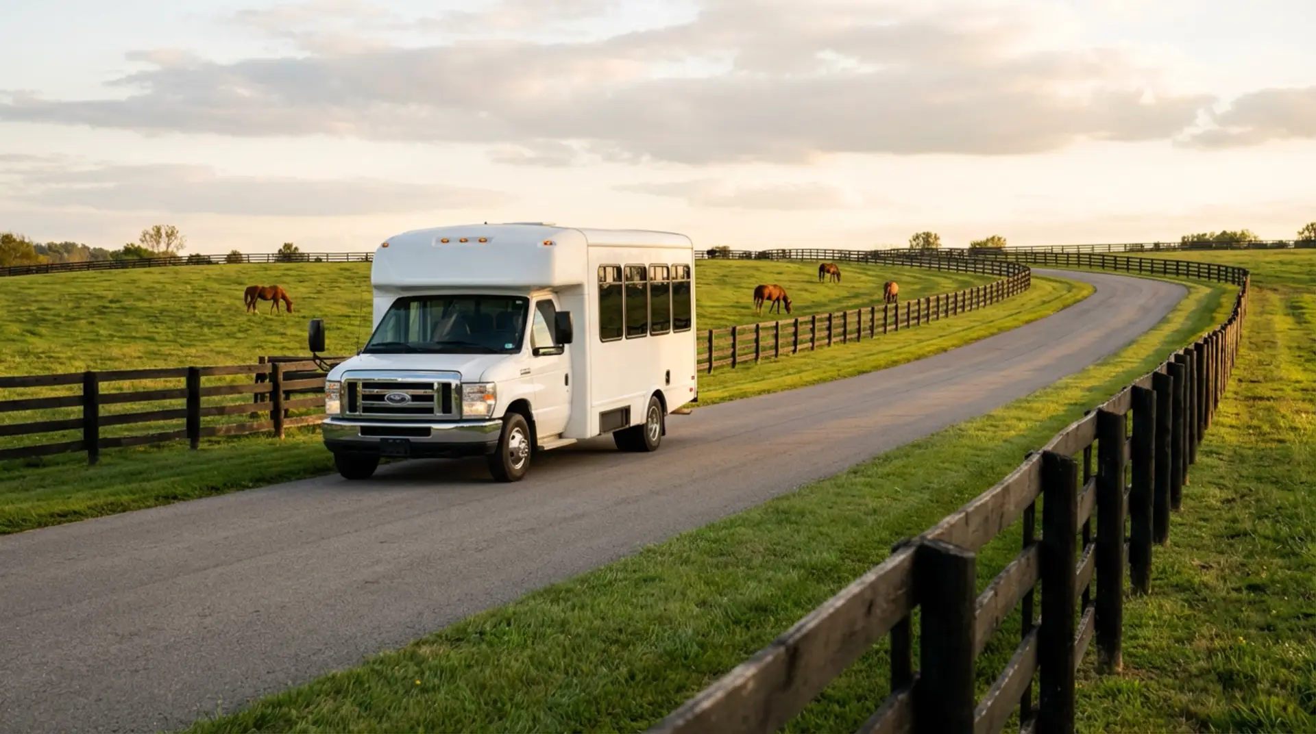 Private limo bus entering a Kentucky horse farm for a guided horse country tour